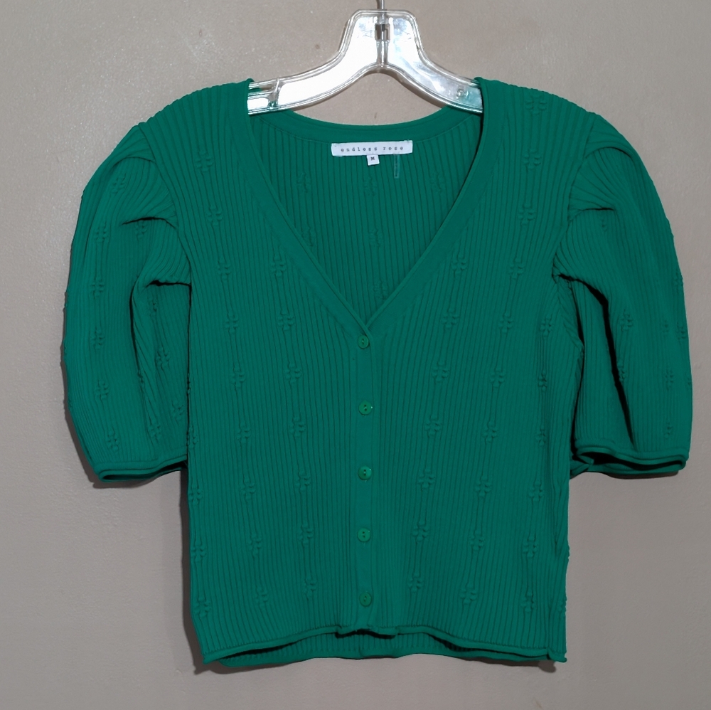 Endless Rose Ribbed Short Sleeve Cardigan, Size:M, Green